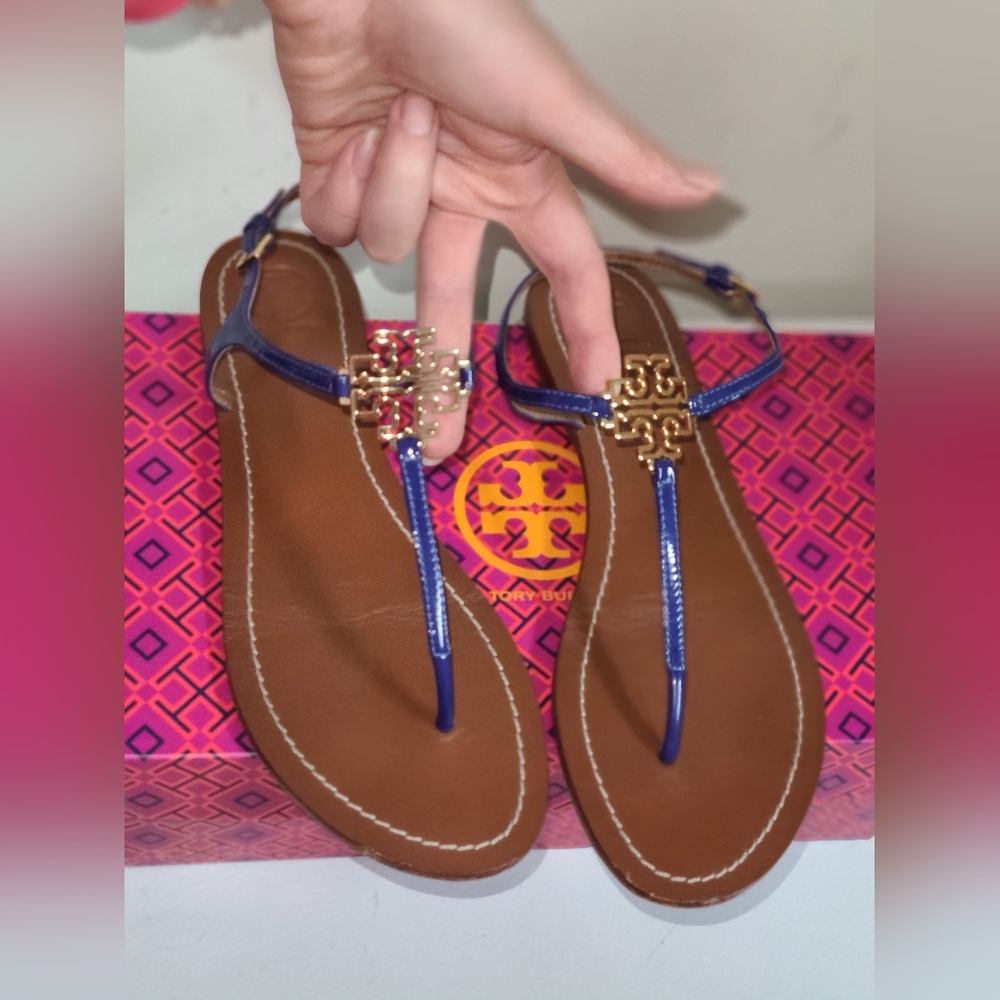 Tory Burch Designer Melinda Blue T Strap Sandals Slingback Flat 8.5 - Picture 8 of 11